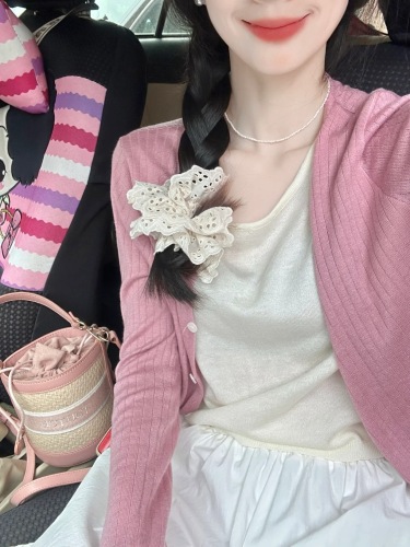 韩系简约粉色假两件针织开衫女春秋新款设计感小众薄款外搭