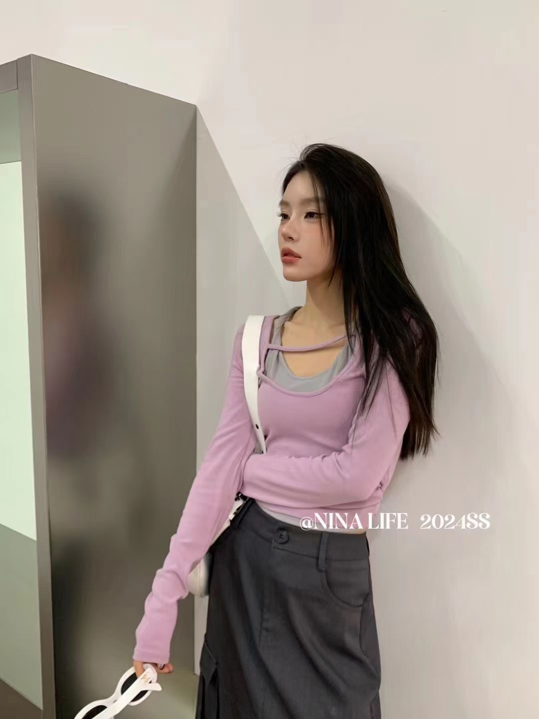 辣妹時尚假兩件掛脖褶皺修身顯瘦短款長袖t恤打底衫上衣女2024春