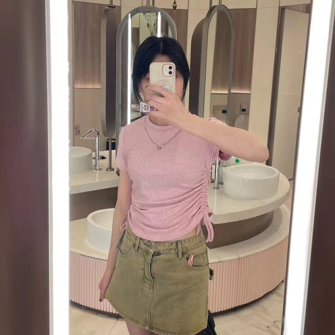 鏈條短袖白色正肩T恤設計感廣州十三行女裝高端歐貨上衣2024夏季