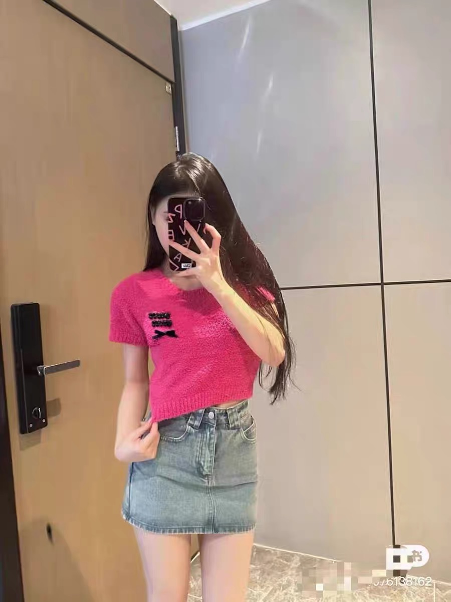 玫粉色圓領針織短款上衣女夏季新款高級感氣質顯瘦套頭短袖t恤