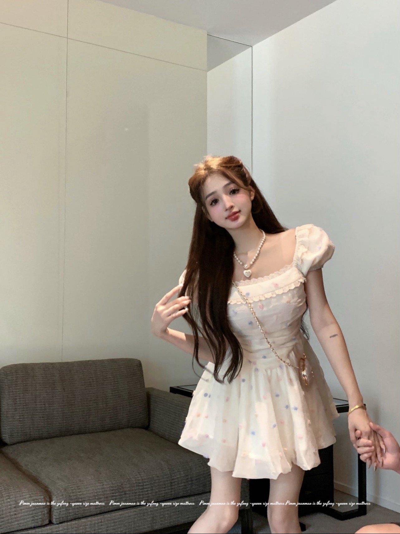 Real shot of taro round pop pop sweet girl puff sleeve square neck dress cute waist a line skirt for women