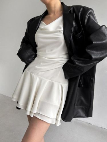 Korean chic early spring style swing collar smocked ruffled suspender short dress
