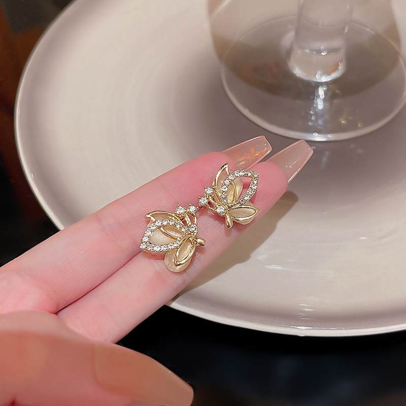 925銀針超仙氣質貓眼石蝴蝶耳環女ins潮精緻鑲鑽百搭氣質耳釘耳飾
