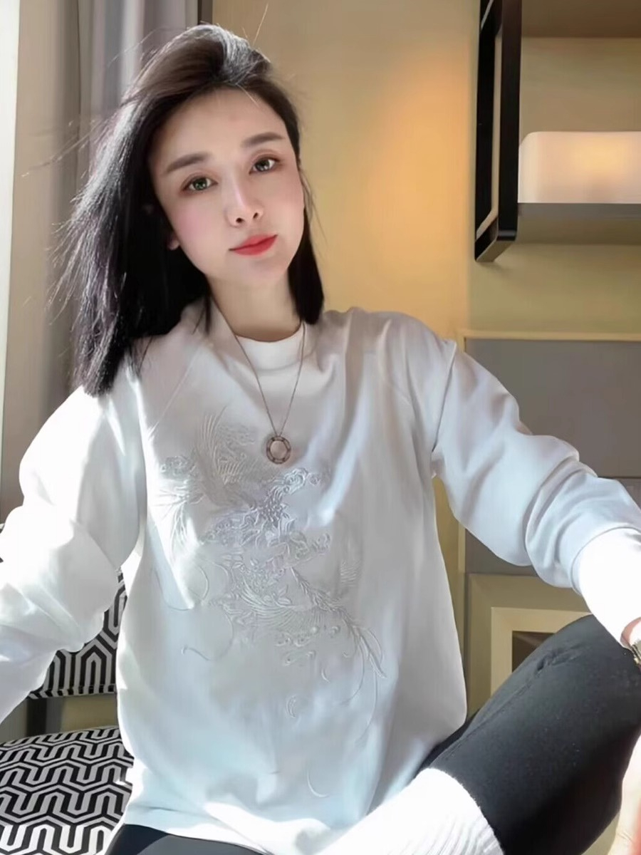 2024早春新款龍鳳呈祥重工刺繡打底上衣女寬鬆百搭中長款長袖T恤
