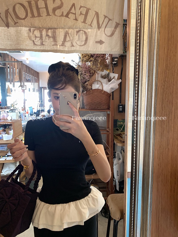 番茄俠"芭蕾甜豆" 小眾蓬蓬花邊拼接假兩件短袖T恤女圓領修身上衣