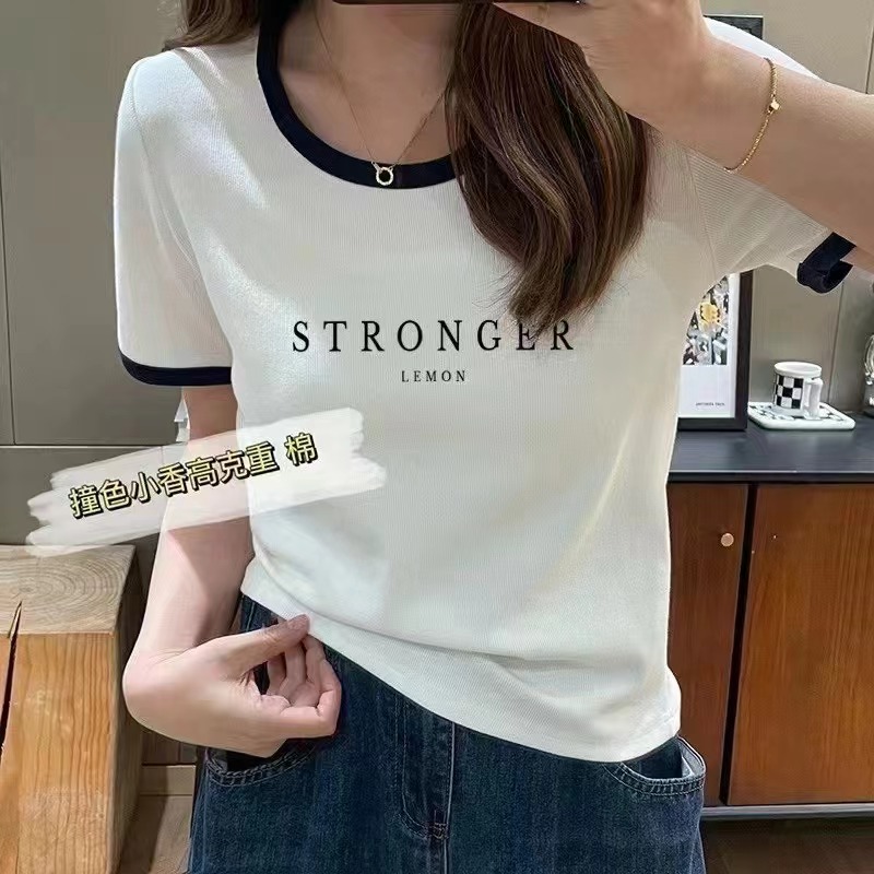 2024新款撞色正肩短袖T恤女時尚百搭減齡修身顯瘦上衣打底衫夏季