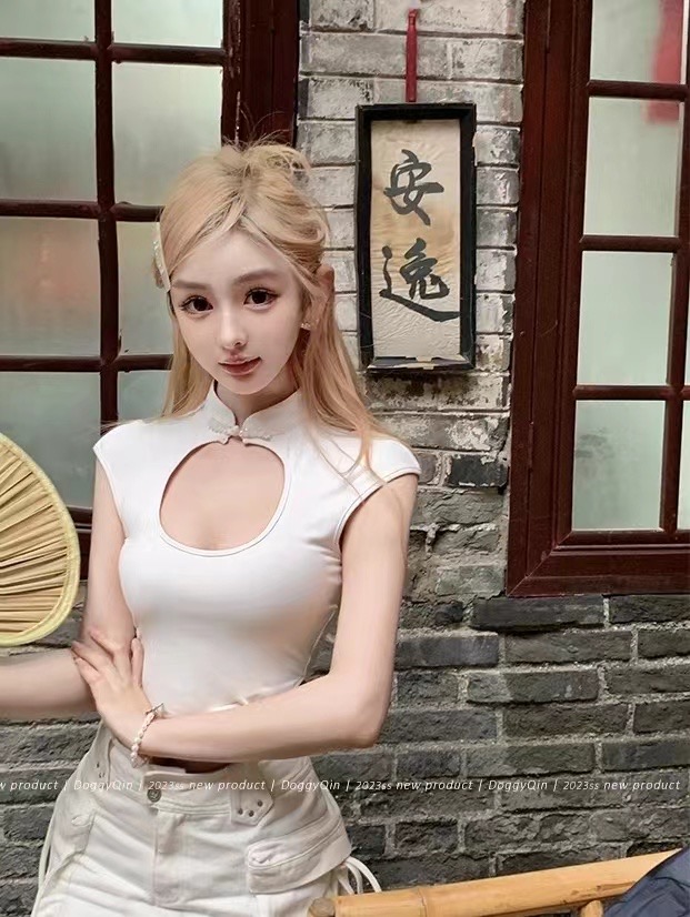 DoggyQin 新中式糯嘰嘰t/小立領盤扣無袖t恤女彈力修身短款上衣