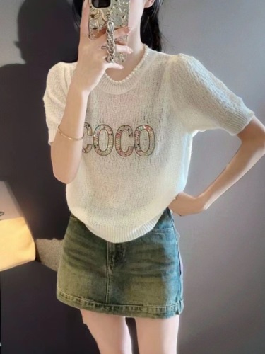 宽松针织衫女短袖2024年新款韩版套头拼接拼色百搭字母针织T恤潮