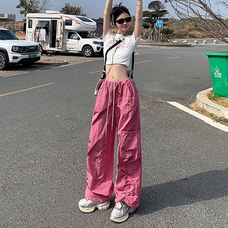 實拍春夏ABGAsianBaby Girl高街甜辣闊腿褲設計感工裝褲抽繩褲潮