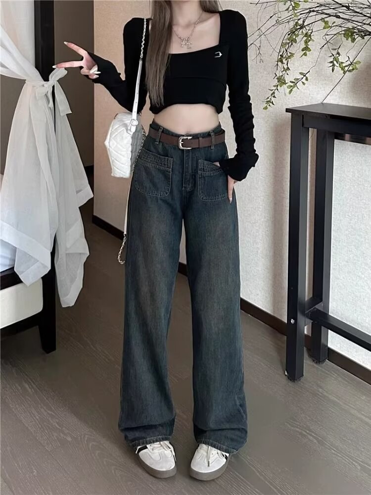 高腰牛仔褲女秋季春夏2024年新款小個子寬鬆顯瘦直筒闊腿拖地褲子