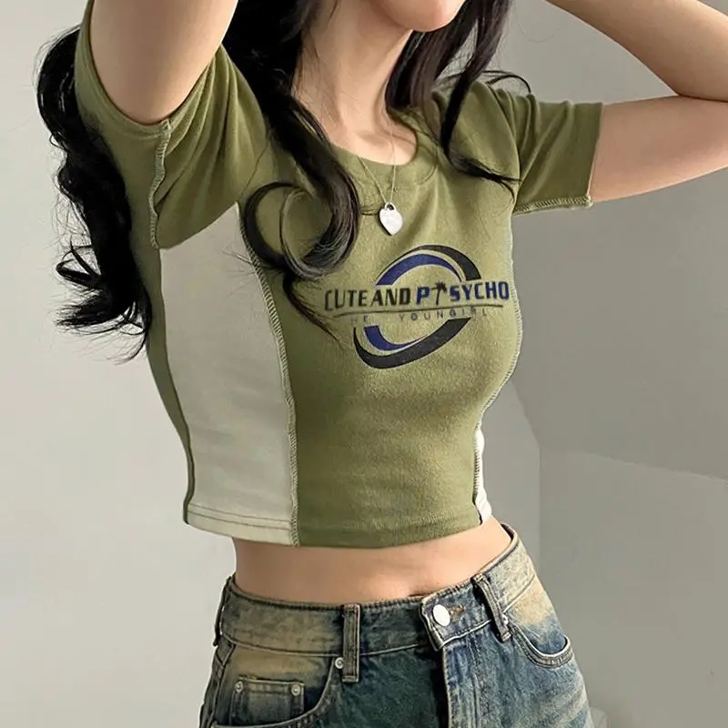 美式復古學院風撞色印花設計感小眾短袖夏季新款T恤上衣女
