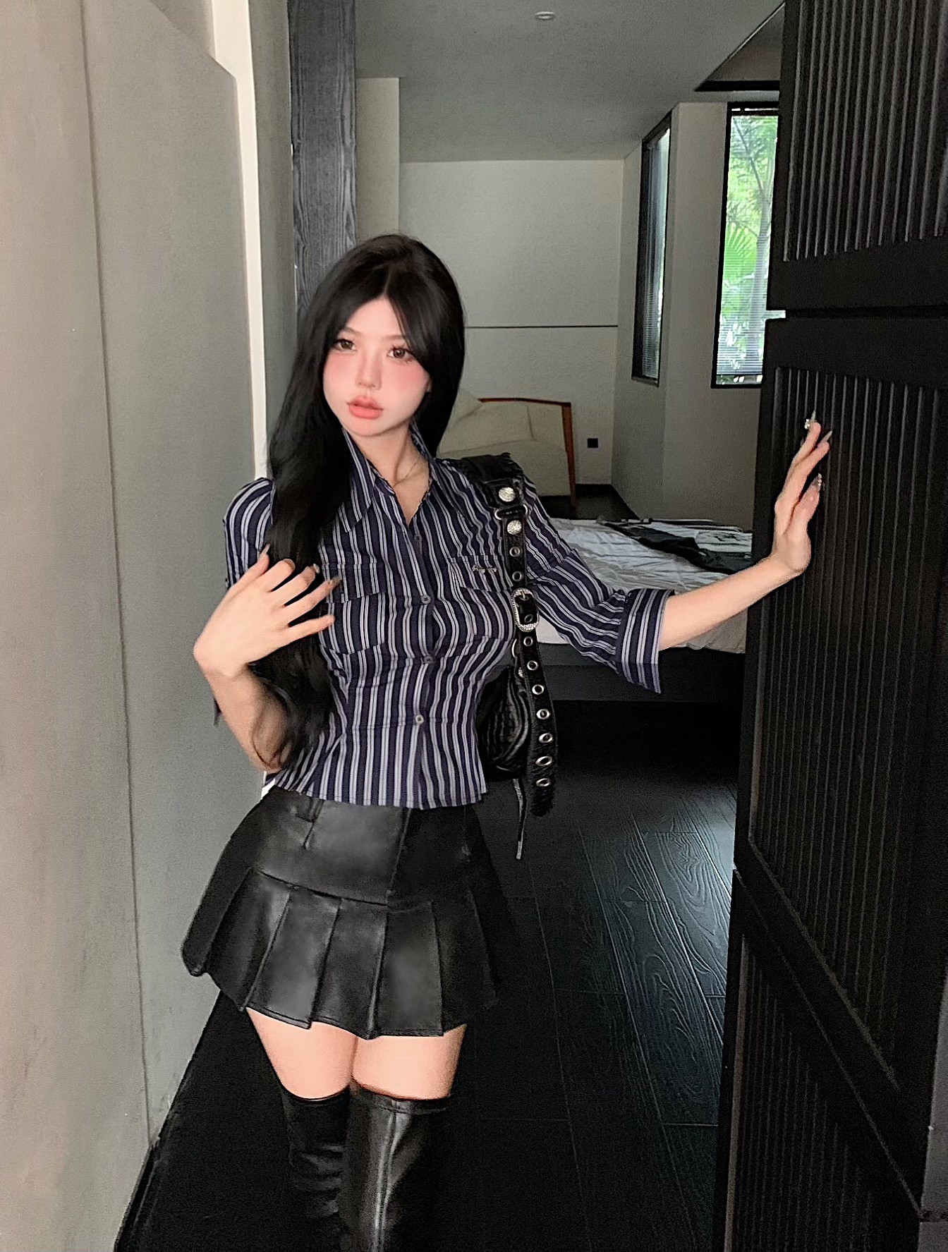 實拍~美式髦條紋polo領襯衫收腰半袖上衣+性感百褶皮裙A裙褲