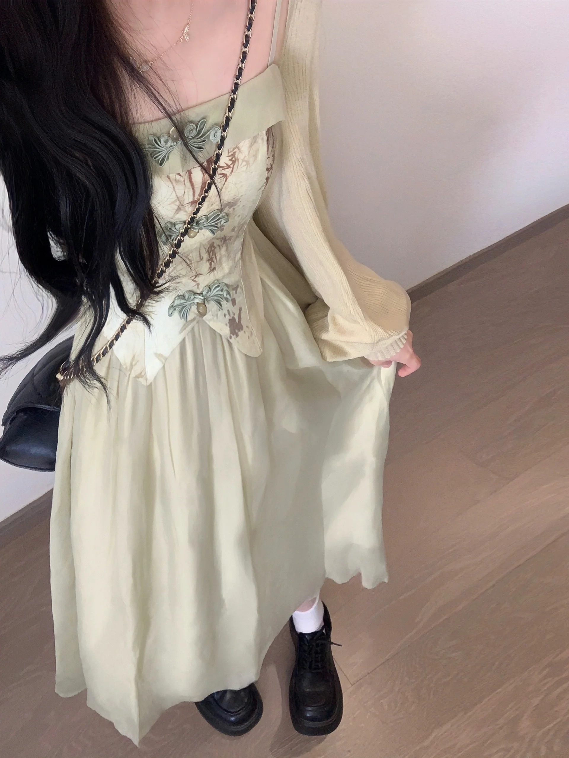 YOUX江南煙柳新中式國風套裝2024早春長袖開衫搭吊帶連衣裙女