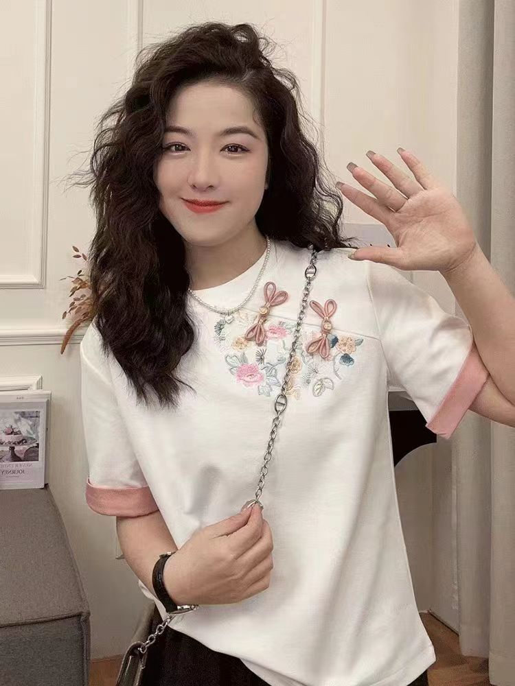 短袖t恤女2024新款夏季寬鬆獨特别致盤扣新中式國風刺繡上衣