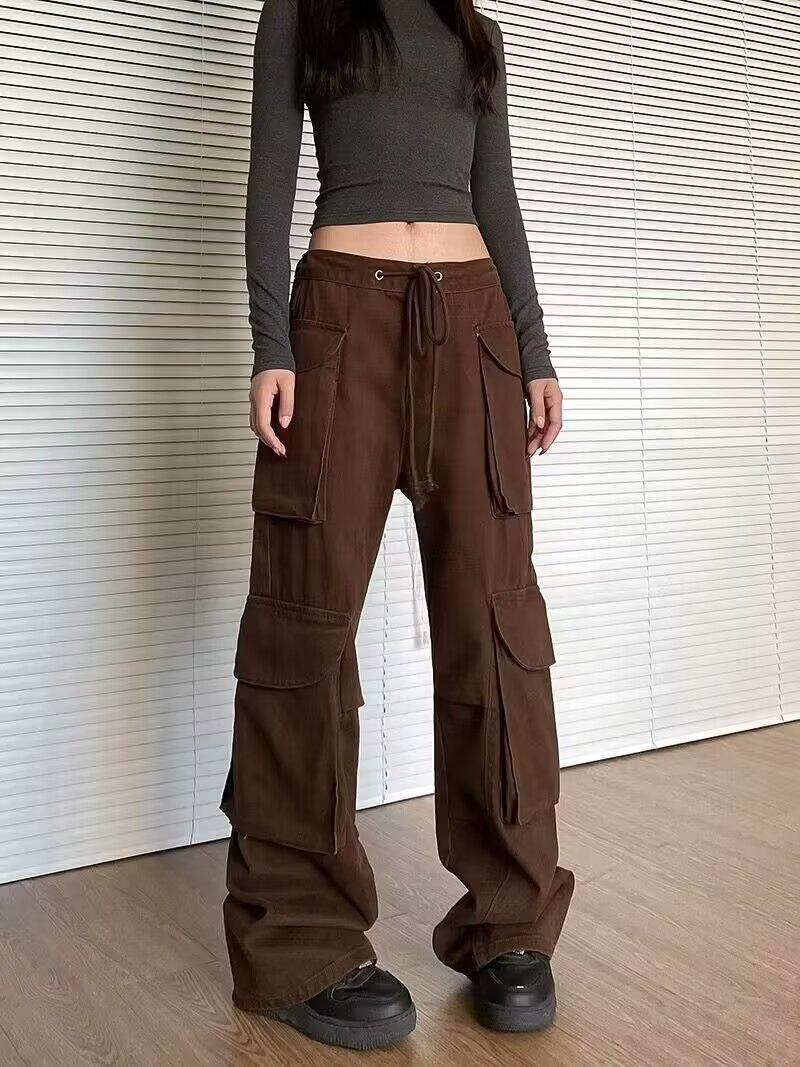 機能工裝褲女春夏潮牌ins直筒長褲百搭休閒寬鬆多口袋闊腿褲