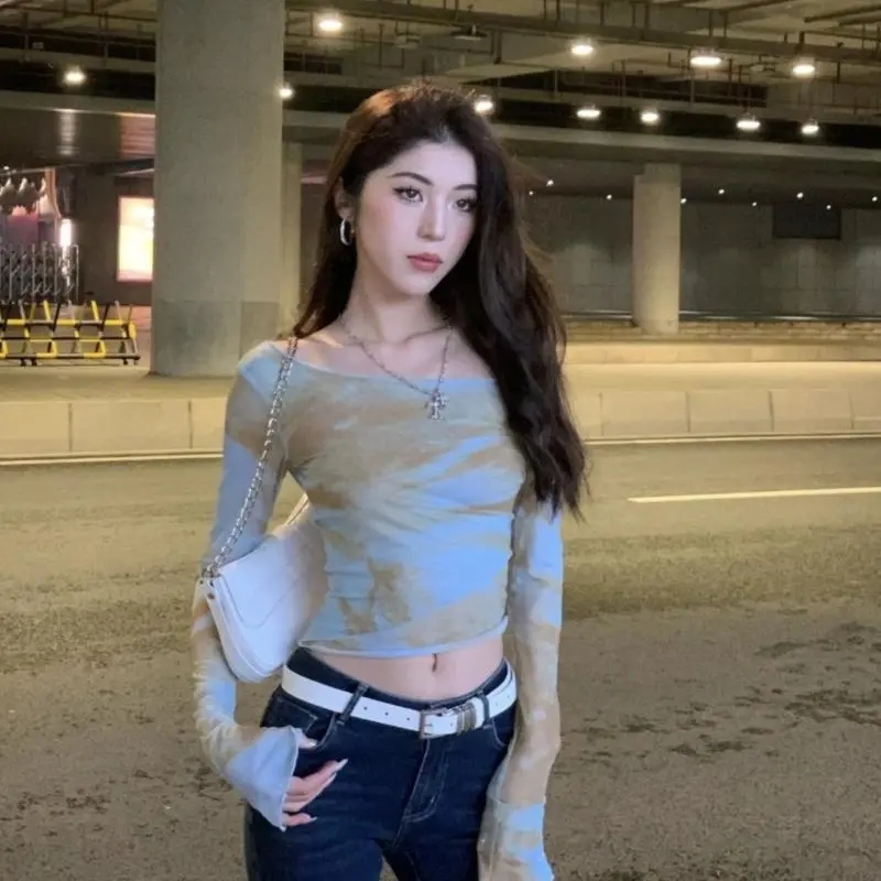美式復古純欲辣妹扎染網紗長袖T恤女夏季新款顯瘦防曬氣質上衣女