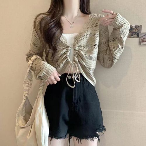 Hollow Knit V-Neck Top 2024 New Style Fitted Short Sleeve Long-Sleeve Outerwear Top