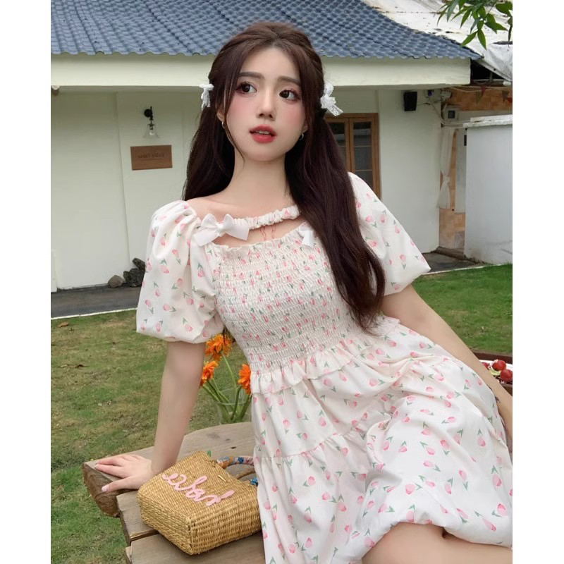 溫柔風碎花連衣裙女夏季浪漫復古穿搭設計感甜美泡泡袖顯瘦短裙子