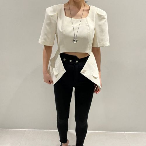 尺码更新韩国chic夏设计感西装口袋泡泡袖收腰显瘦短袖衬衫女
