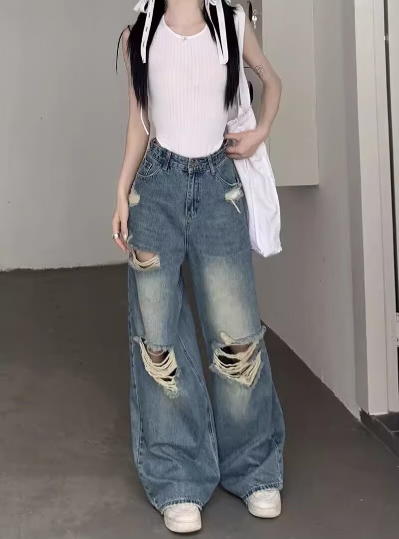 美式高街破洞水洗牛仔褲女高腰顯瘦闊腿褲百搭休閒潮流拖地長褲