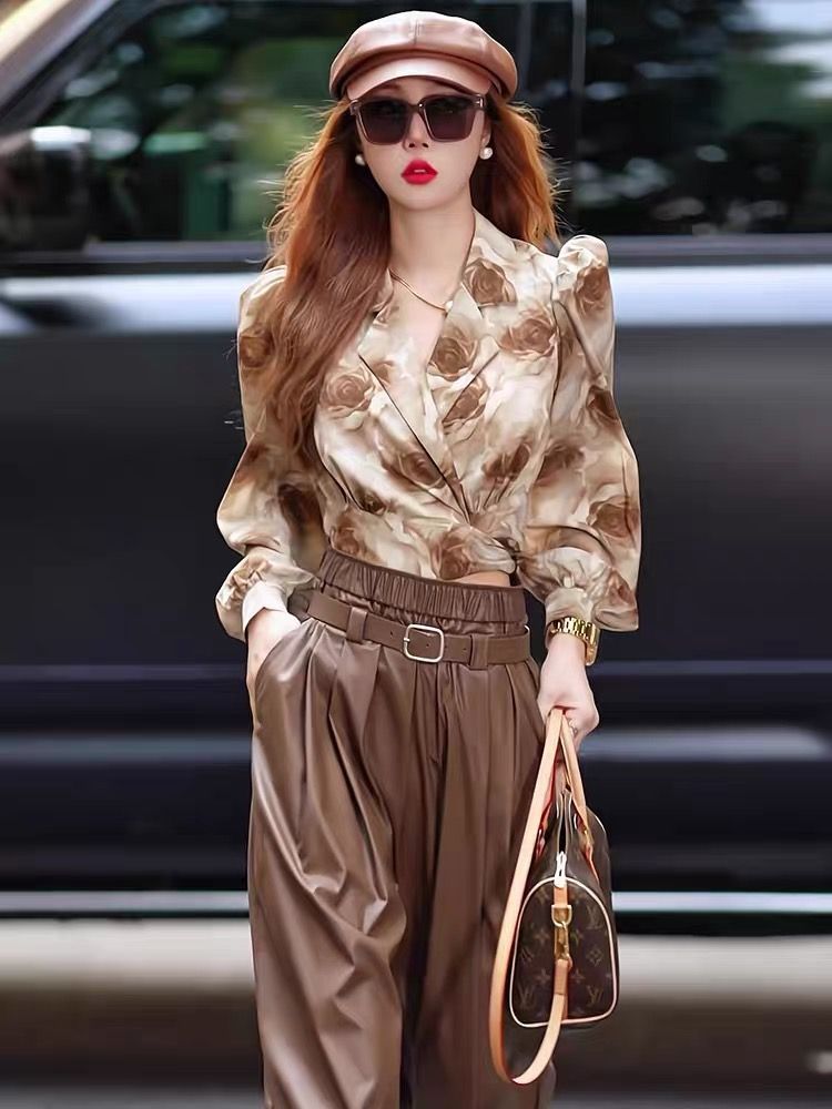 歐貨時髦印花高級感扭結V領長袖襯衣女春季洋氣名媛氣質百搭上衣