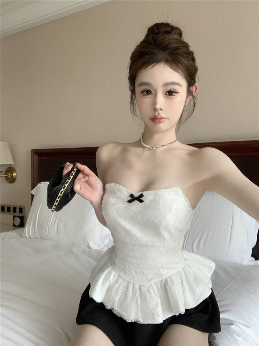 實拍 純欲風辣妹蕾絲抹胸收腰修身顯瘦上衣＋黑色高腰a字短裙