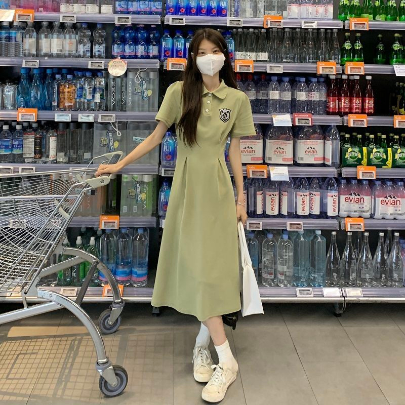 polo領T恤連衣裙女設計感小眾夏季韓系溫柔別致泡泡袖收腰長裙子