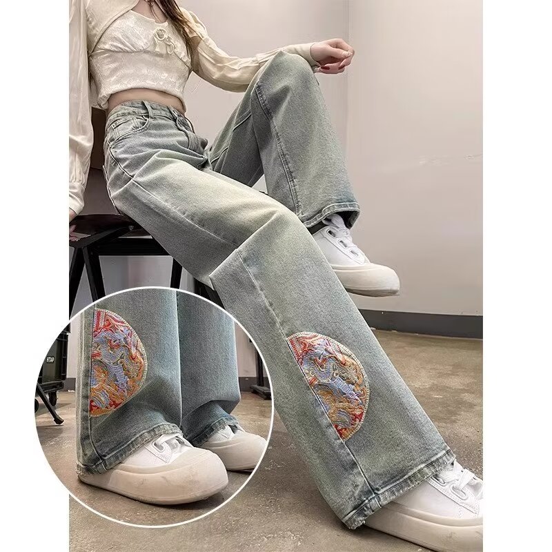 國風刺繡直筒牛仔褲女春夏2024年新款設計感高腰顯瘦窄版闊腿長褲