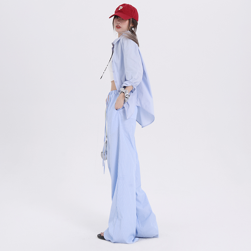 好好家同款藍色豎條紋闊腿褲女2024新款夏季薄款高腰寬鬆拖地長褲