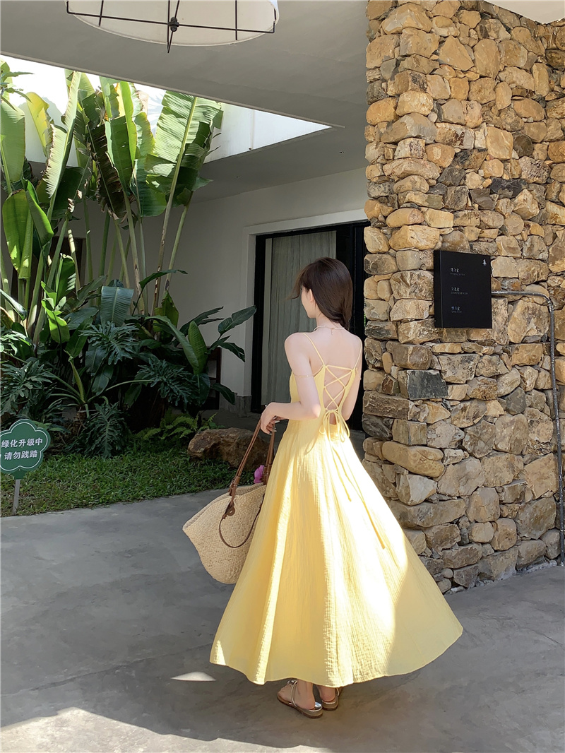 Real shot of French backless sexy a-line suspender dress spring and summer dopamine sweet holiday long dress