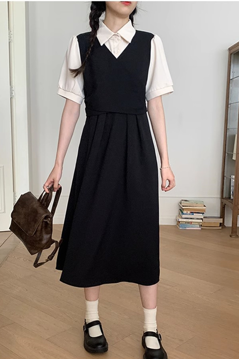 學生少女假兩件黑色連衣裙2024夏季新款多巴胺穿搭法式學院風裙子