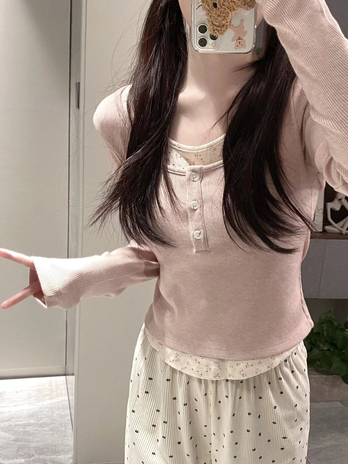 粉色純欲bm風假兩件碎花打底衫女春季內搭獨特别致小個子短款上衣