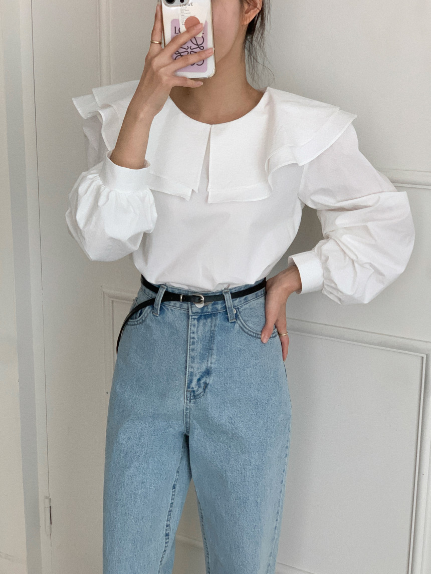 Size has been updated chic spring Korean style simple double layer doll collar puff long sleeve shirt shirt top