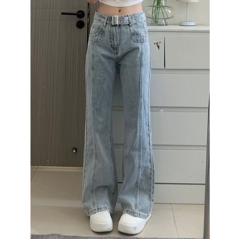 復古淺色高腰闊腿喇叭牛仔褲女直筒寬鬆顯瘦高街垂感微喇拖地褲子