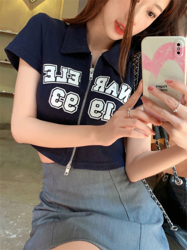 螺纹 polo领短袖T恤女夏季新款复古字母印花短款拉链开衫潮