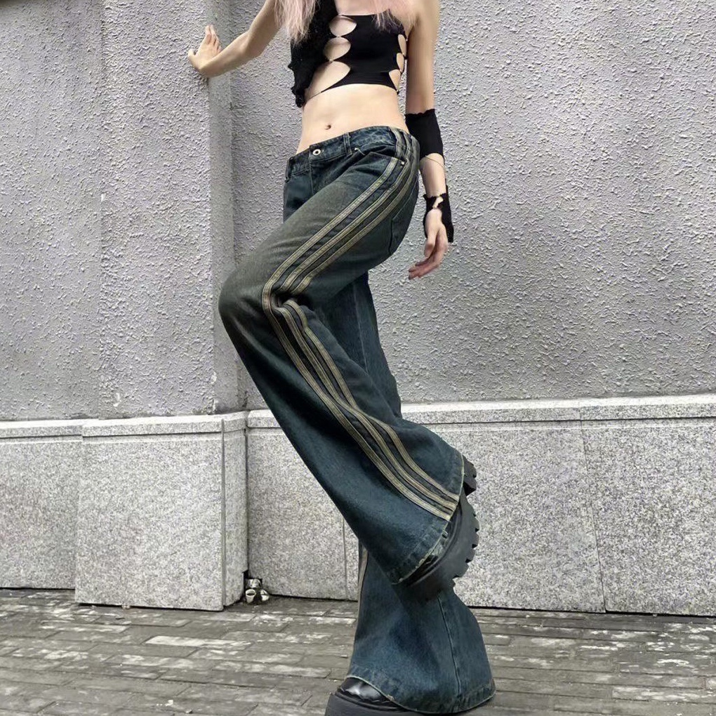 vibe美式高街條紋設計感闊腿牛仔褲女春夏oversize寬鬆直筒休閒褲