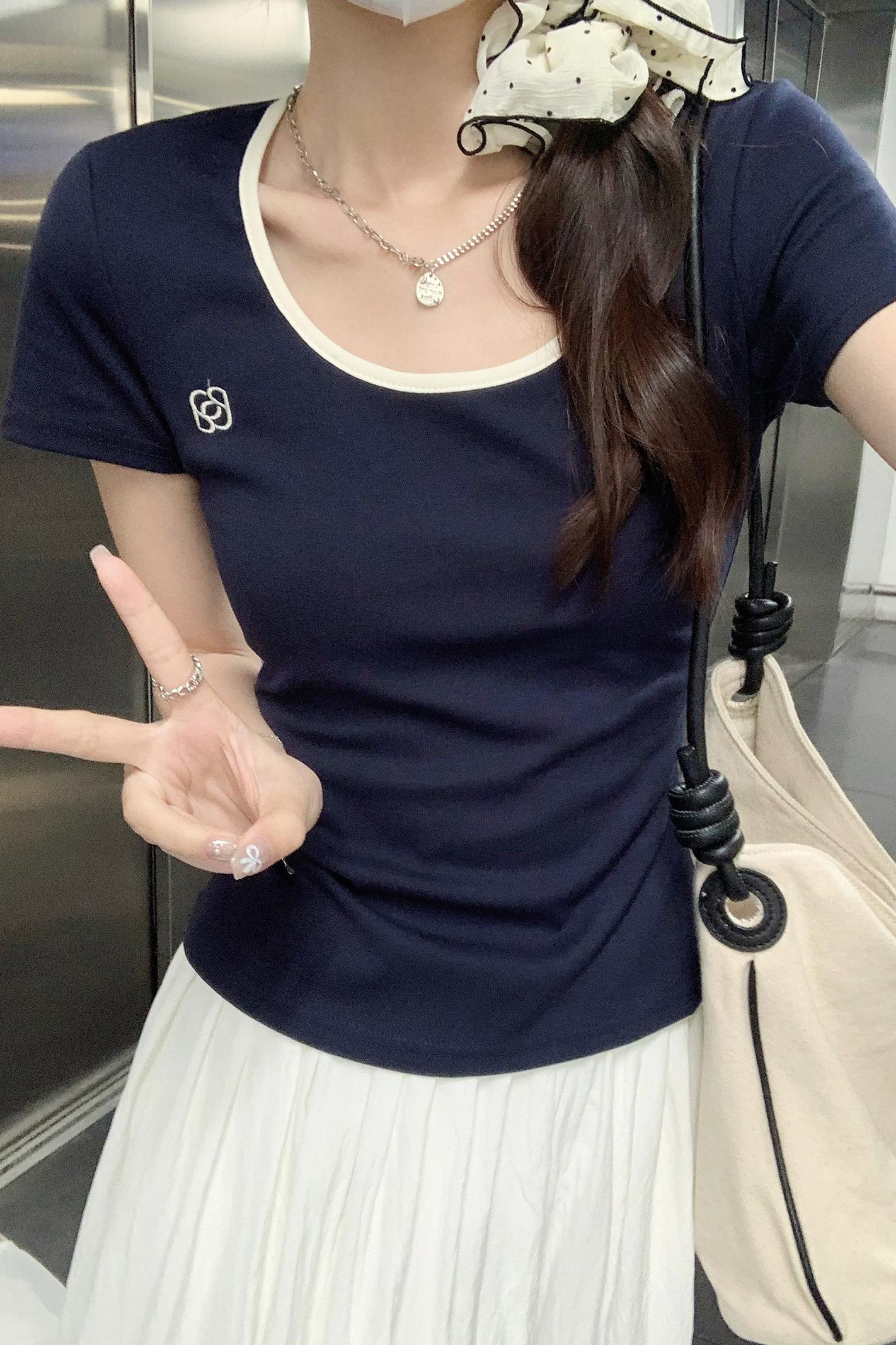 實拍1*1螺紋純棉短袖t恤女裝夏2024純色刺繡花潮修身短款圓領上衣