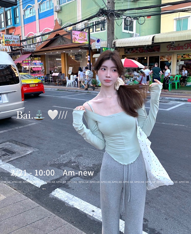 白水女日常Ballet~綠色長袖T恤女新款圓領不規則韓系吊帶套裝
