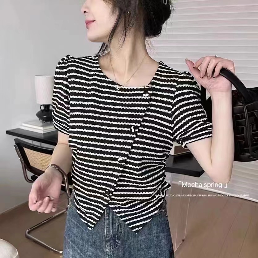 不規則小眾條紋短袖T恤女2024年春夏新款韓版修身顯瘦短款上衣ins