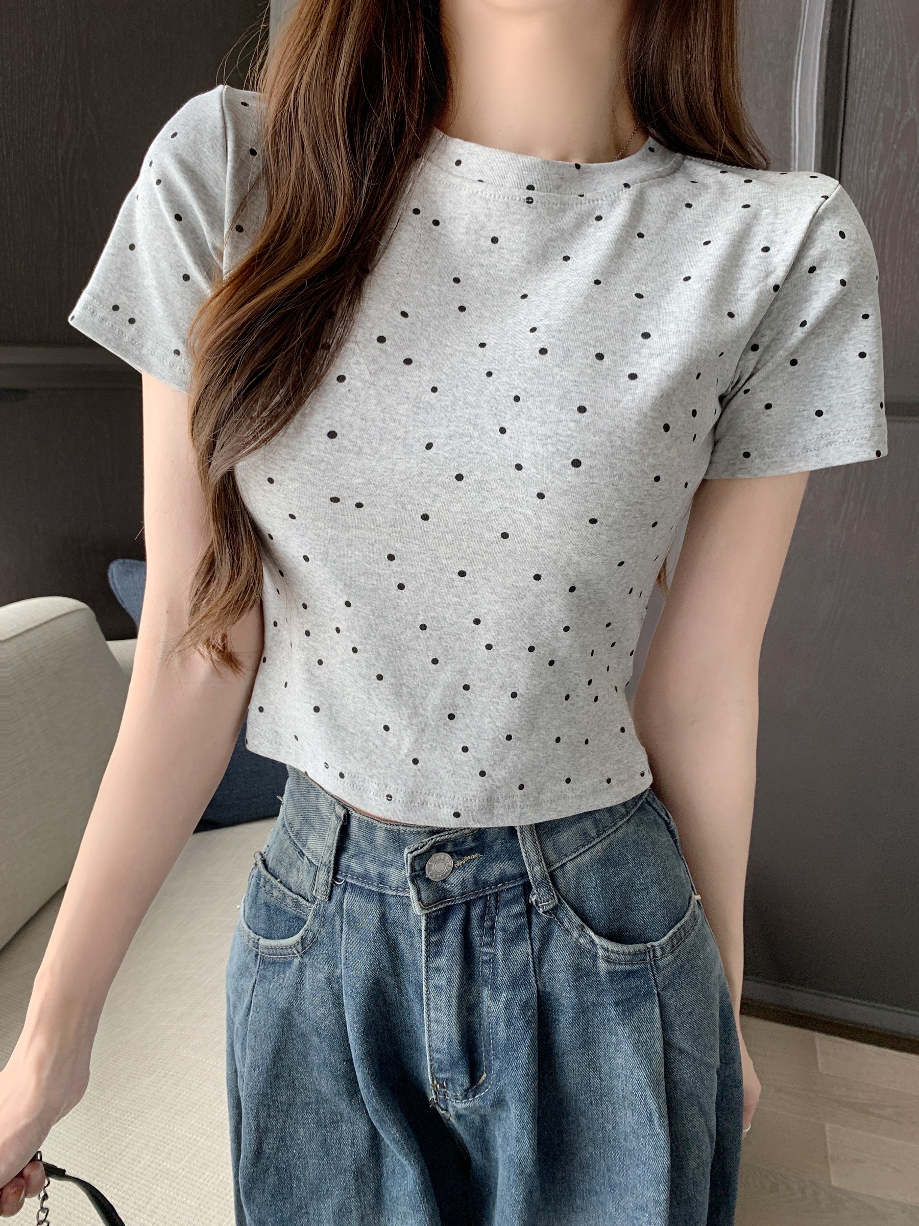 實拍 新款miu系顯瘦百搭短袖T恤女休閒小波點上衣女2024春夏