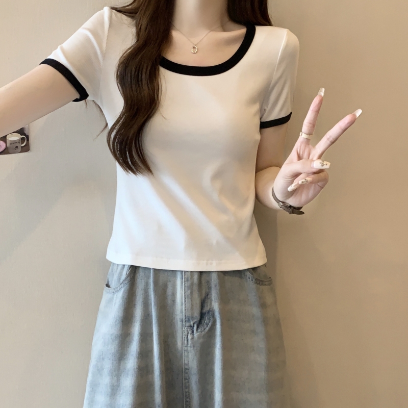 實拍  40支純棉 2024夏裝撞色短袖T恤女ISN潮修身上衣