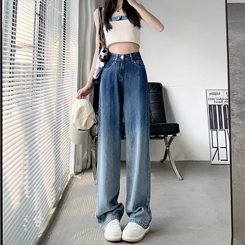 黑灰色闊腿牛仔褲女2024春夏新款潮寬鬆學生直筒褲高腰老爹褲顯瘦