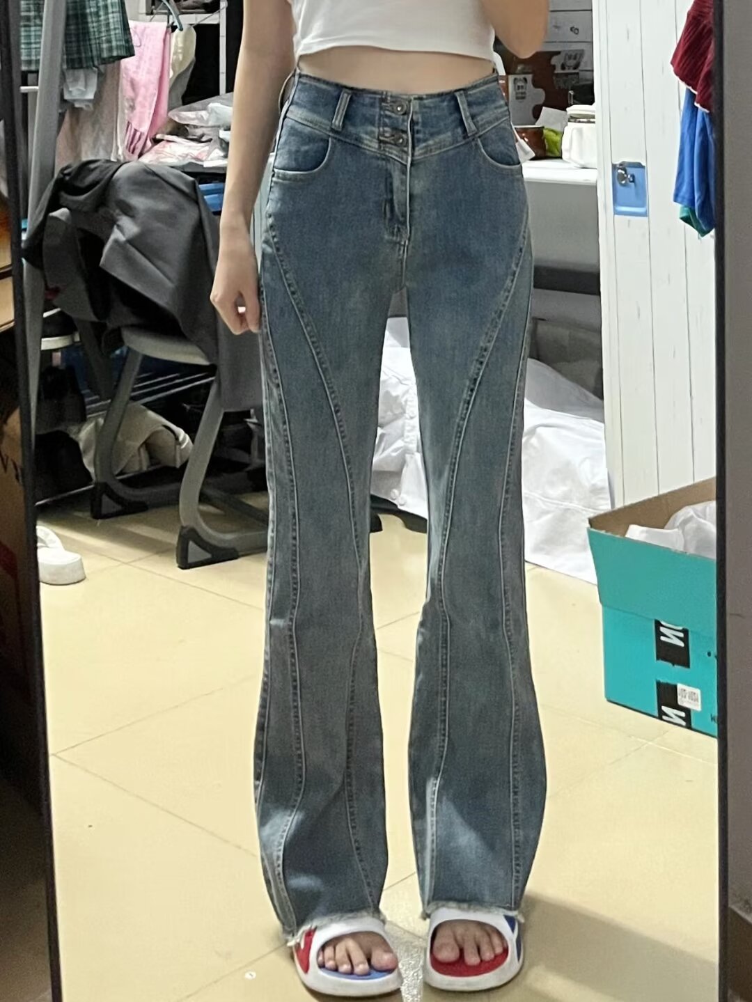 微喇叭牛仔褲女小個子春夏季大碼胖mm設計感高腰顯瘦彈力馬蹄長褲