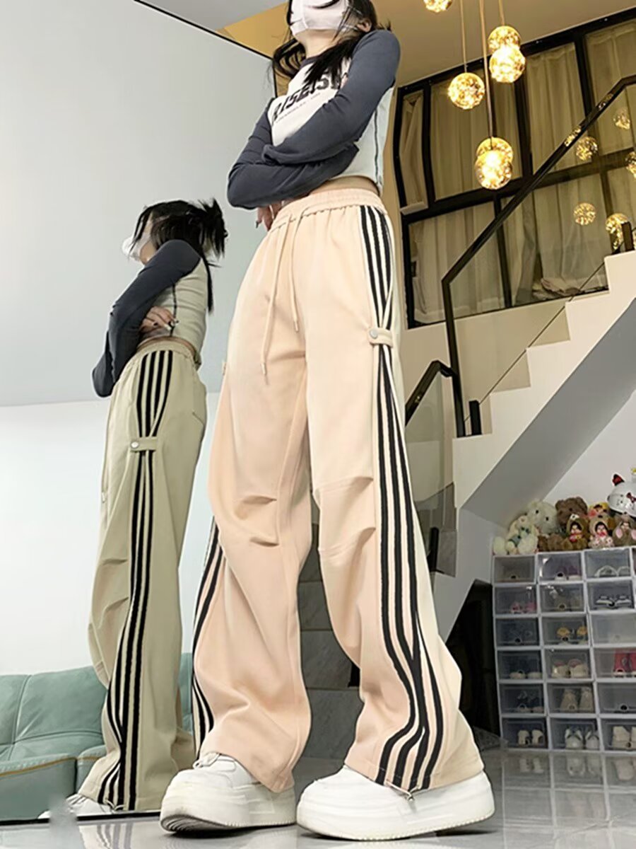美式hiphop高街衛褲女春夏復古側條紋運動褲直筒寬鬆休閒闊腿褲子