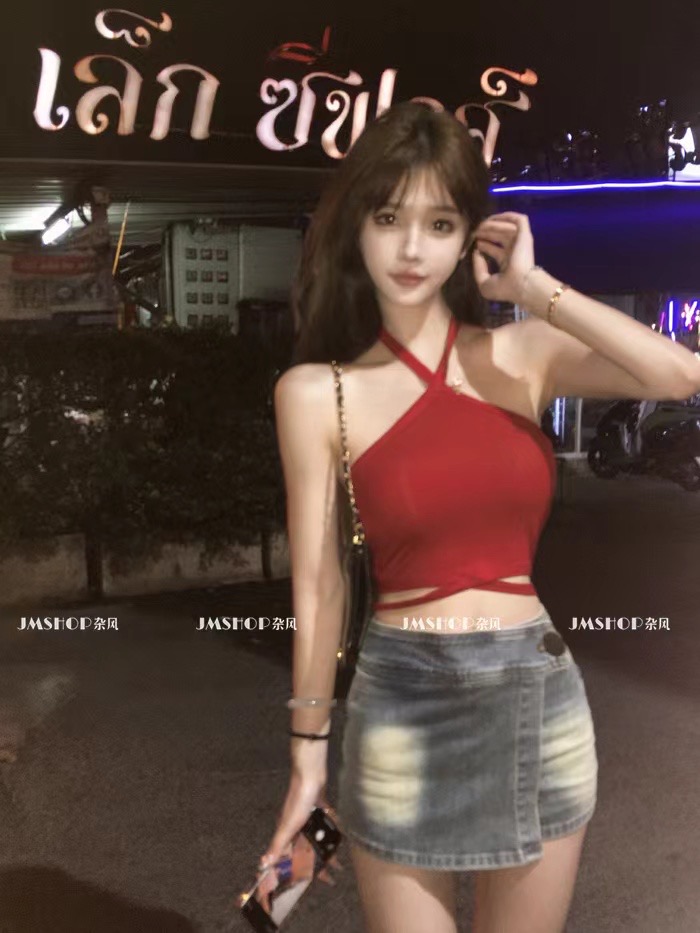 JMSHOP 偷心辣妹 純欲交叉設計無袖背心女春夏內搭純色掛脖吊帶