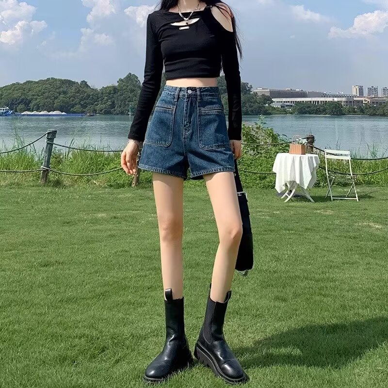 淺色闊腿牛仔褲高腰a字短褲女寬鬆顯瘦薄款夏季時尚白色牛仔短褲
