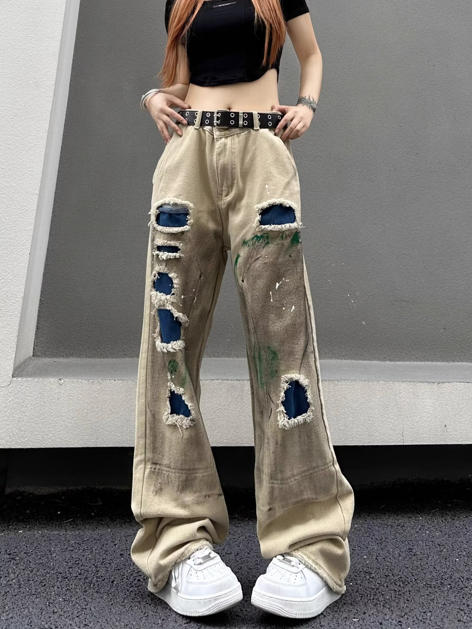 American high street splashed ink hole retro straight jeans women's trendy brand versatile design distressed trousers trendy trousers