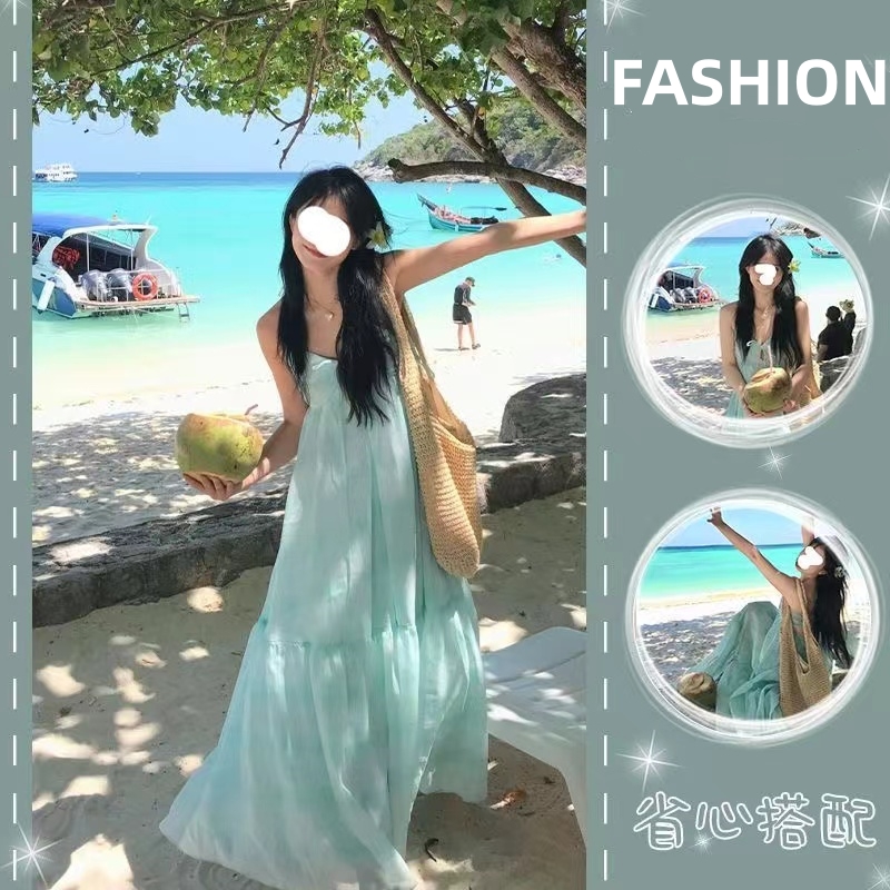 純欲風性感露背掛脖吊帶連衣裙夏季新款仙女飄逸絕美海邊度假長裙
