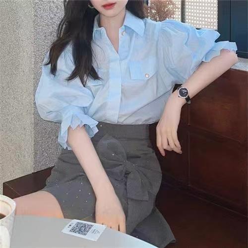 法式泡泡袖藍色襯衫女夏薄款正肩上衣高級設計感小眾短袖襯衣
