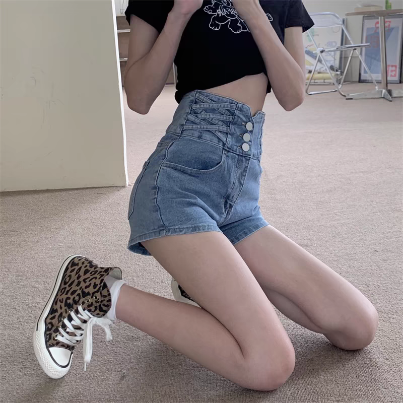 Hot girl denim A-line shorts women's summer thin 2024 new style small high-waist slim straight hot pants trendy